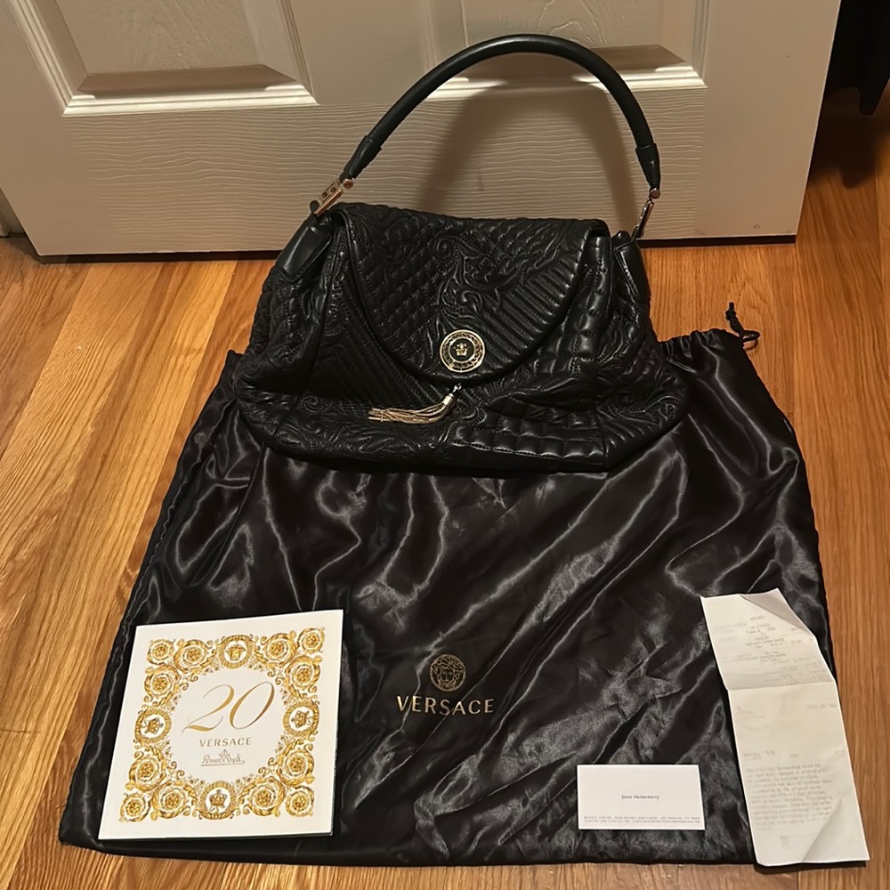 100% Authentic Versace Women’s Handbag in Nappa Ricamo Barocco Black Leather